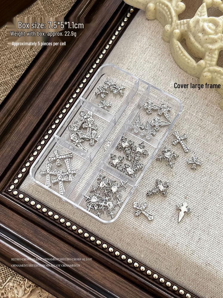 

Retro Cross Heart Grid Nail Art Accessories - Gold & Silver Decorations Box