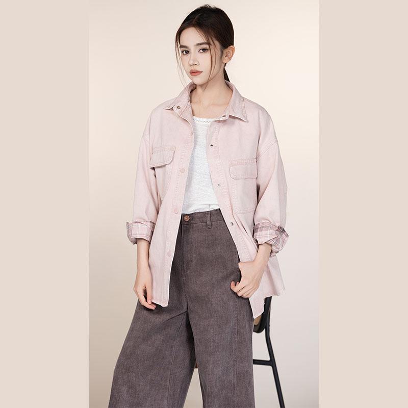 Women s Mid-Length Plaid Denim Shirt - Drop Shoulder, Long Sleeve, Loose Fit, 2026 Style One Size