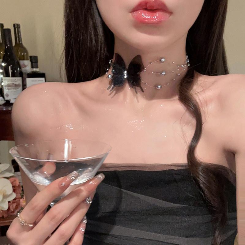 Romantische Vlinder Parel Strik Strikketting Dames Luxe Zijden Lint Zoete Chokers Sleutelbeenketting Temperament Sieraden Cadeau Feest