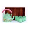 Aluminium Handpainted Kettle, 6 Glass, Iron Roped Stand, Brown Natural Wooden Tray (Multicolour) - Set of 9 Pieces, For Diwali Gift & Serving