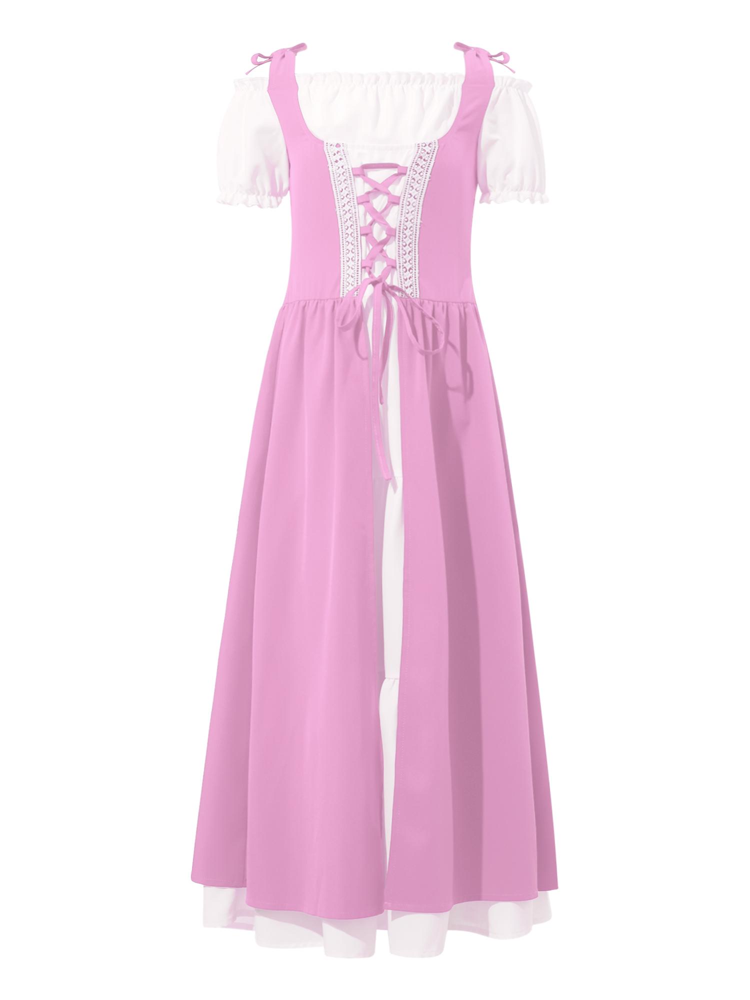 

Girls Renaissance Dress Medieval Costume Square Neck Short Sleeve Lace Up High Waist Ruffle Fancy Dress 15-16 Years рожевий