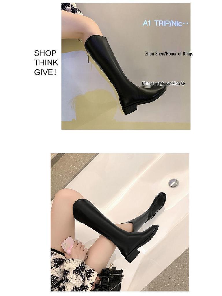 V-Mouth Knee-High Women's Knight Boots, 2025 Spring/Autumn, Low-Heel Chunky High-Leg Winter Martin Boots