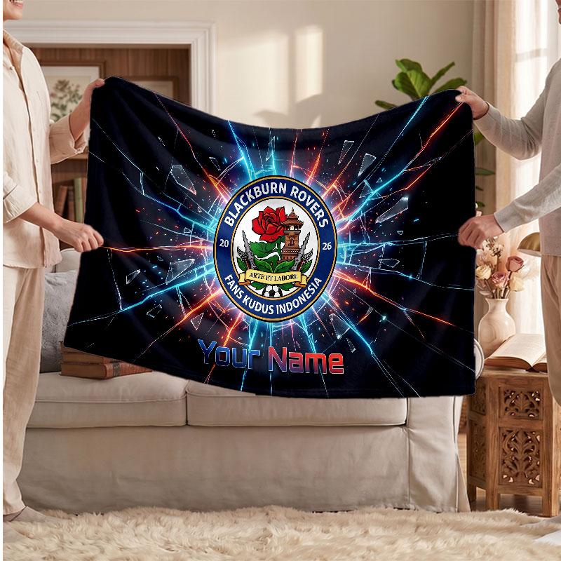 Blackburn Rovers FC Personalized Fleece Blanket With Football Logo, Custom Name Text Soft Warm Home Throw Blanket