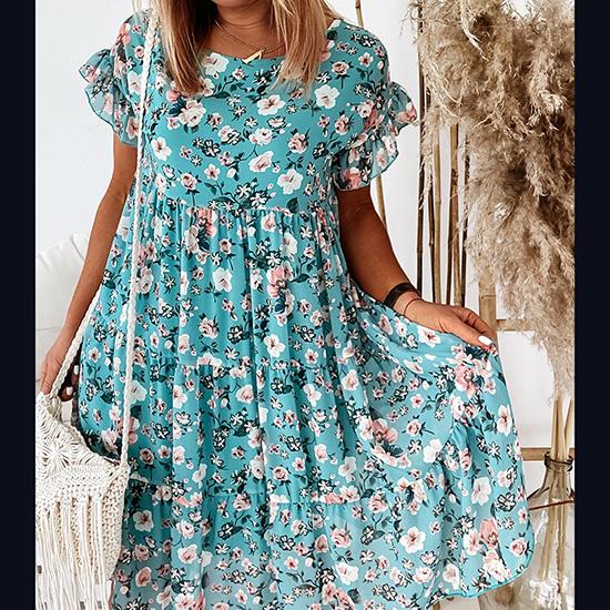 

Летнее модное сексуальное плиссированное платье с коротким рукавом и круглым вырезом в европейском и американском стиле, женское повседневное платье XL зелёный