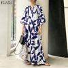 ZANZEA Women Boho Print Loose Casual Round Neck 3/4 Sleeve Long Dress