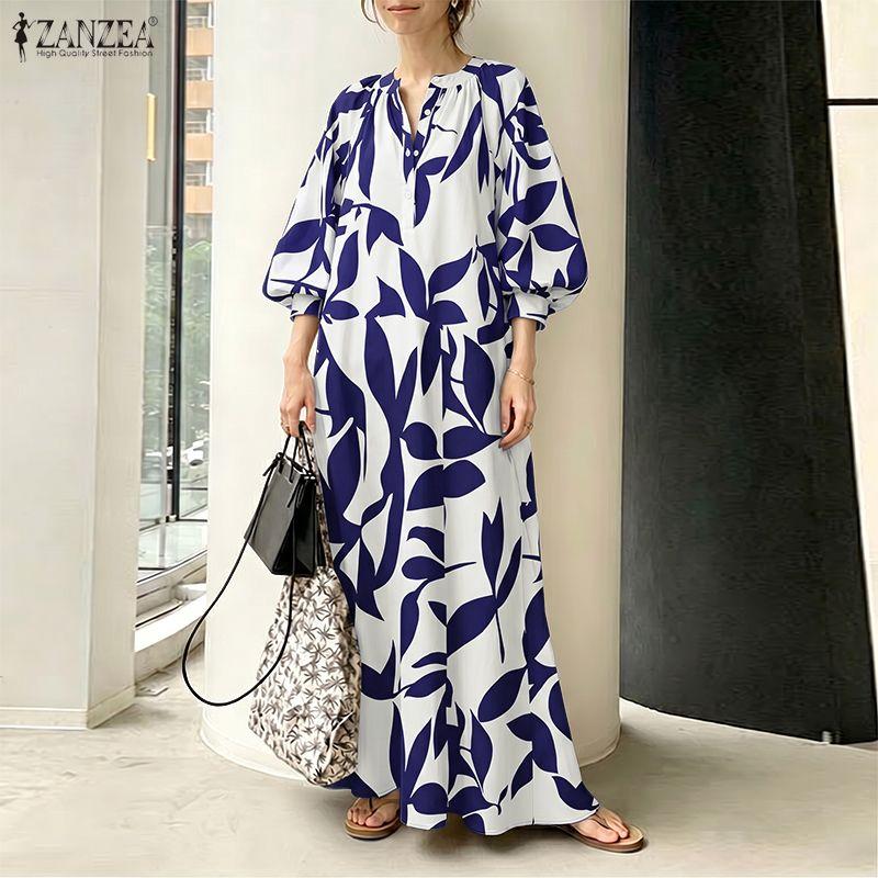 ZANZEA Women Boho Print Loose Casual Round Neck 3/4 Sleeve Long Dress