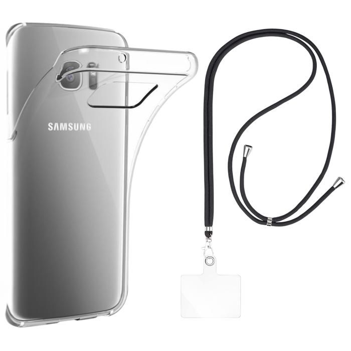 Coque et tour de cou pour Samsung Galaxy S7 Edge - TPU Souple Transparent Cordon Noir réglable Phonillico®
