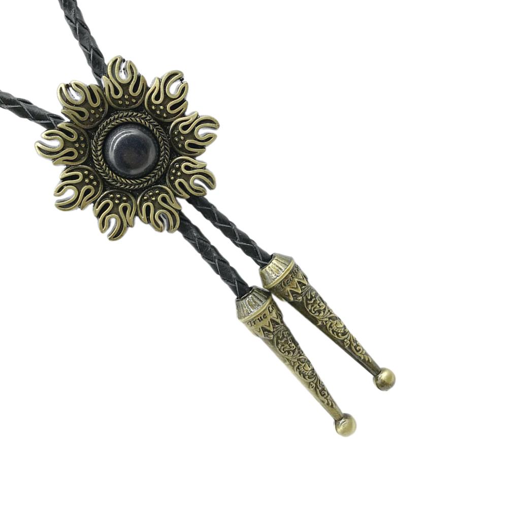 Mens American Bolo Tie Western Sun Shape Stone Cowboy Pendant Shirt Chain Collar Necktie Leather Rope Jewelry Necklace