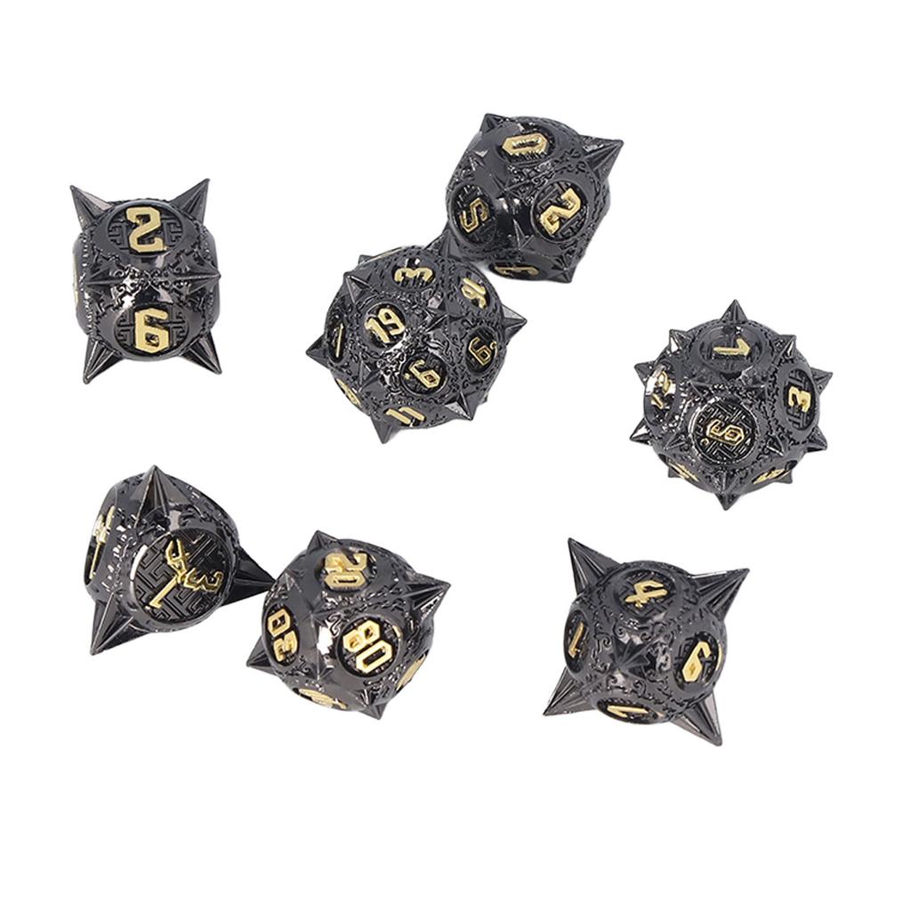 7 PCS Metal Dice Set Polyhedral Portable Board Game Dice Balanced Scrolling Vintage Table Games Accessory Black Gold