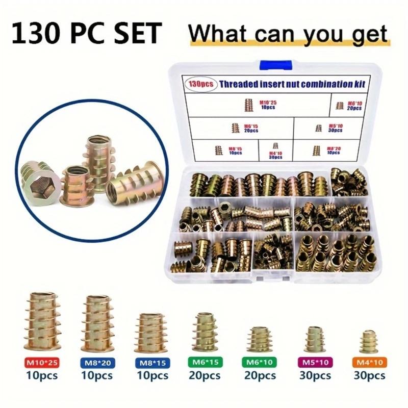 Pack of 130 Mixed Size Internal External Thread Furniture Nuts for Home Assembly and Repair in Storage Box