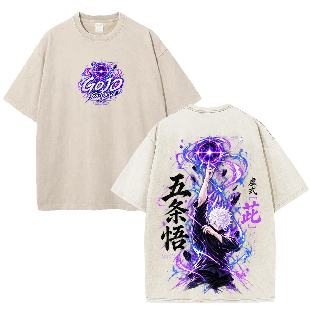 Jujutsu Kaisen Anime T-shirt Satoru Gojo Vintage Washed Oversized T Shirt Short Sleeve 100% Cotton Tees Tops Men Women Clothing