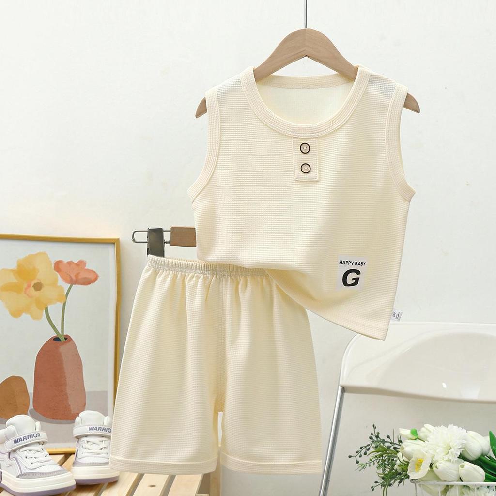 Trendy Waffle Two-Piece Summer Vest Set for Kids: Short-Sleeved Outfit