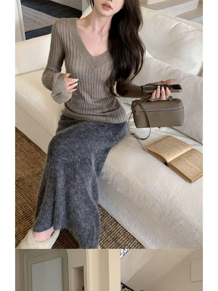 Pure Desire Vibe Sexy V-Ausschnitt Damen Strickoberteil mit ausgestellten Ärmeln - Herbst Winter Y2K Stil Pullover