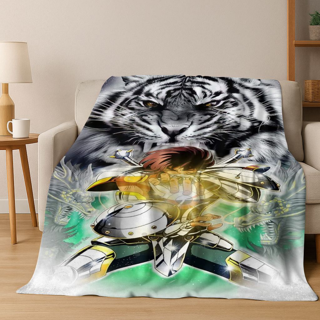 Retro Anime Saint Seiya Gold Saint Cartoon Flannel Blanket,Cozy Soft Throw Blanket for Home Bedroom Bed Sofa Picnic Cover Kids
