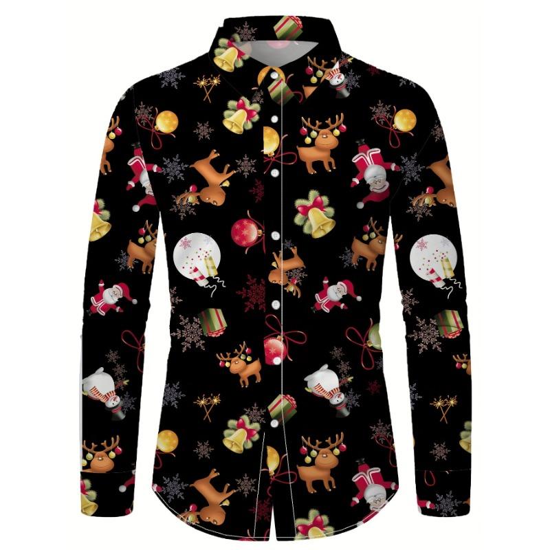 Men's Long Sleeve Printed Christmas Shirt Fashionable Lapel Holiday Versatile Shirt