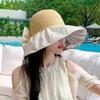 Sun Hat with Bow Design Foldable Breathable Hollow Woven Large Brim Jacquard Fabric UV Protection Face Slimming Summer Travel Hat