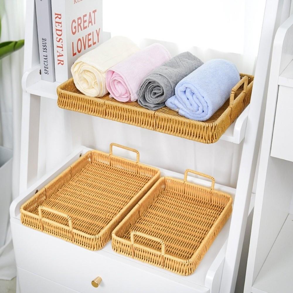 Retro Style Woven Serving Basket Woven Handheld Plastic Rattan Storage Tray  Kitchen Storage