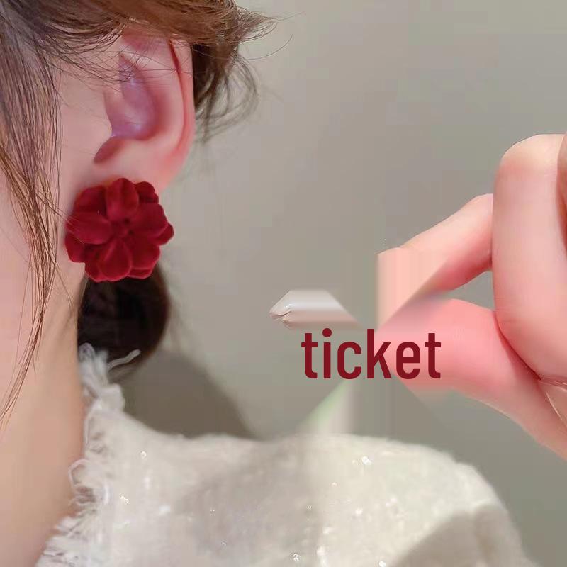 Elegant Red Velvet Flower Stud Earrings - High-End Autumn/Winter Ear Accessories for Women