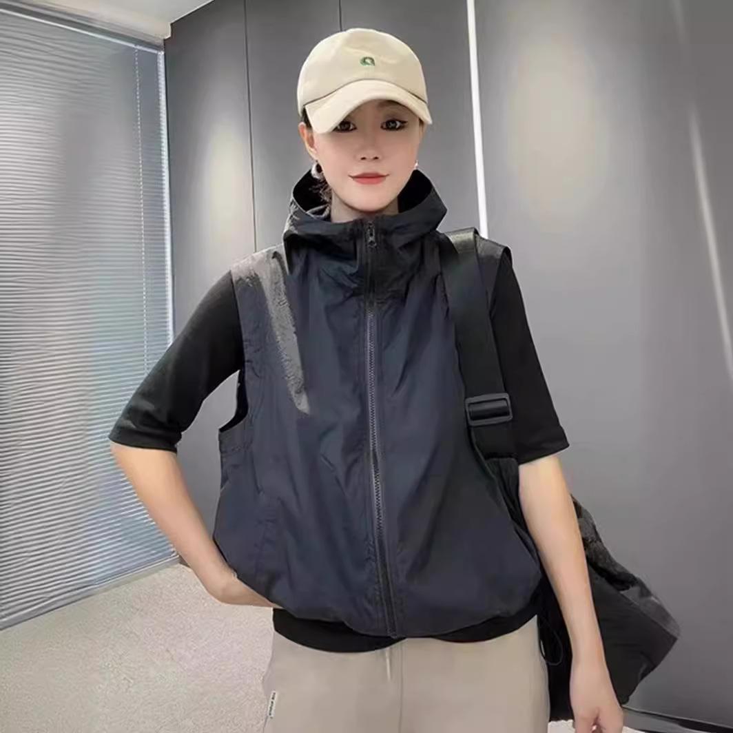 

Summer Hooded Sleeveless Breathable Jacket Vest Women s Loose Sports Vest Jacket Zipper Sun Protection Casual Cardigan Top S чорний