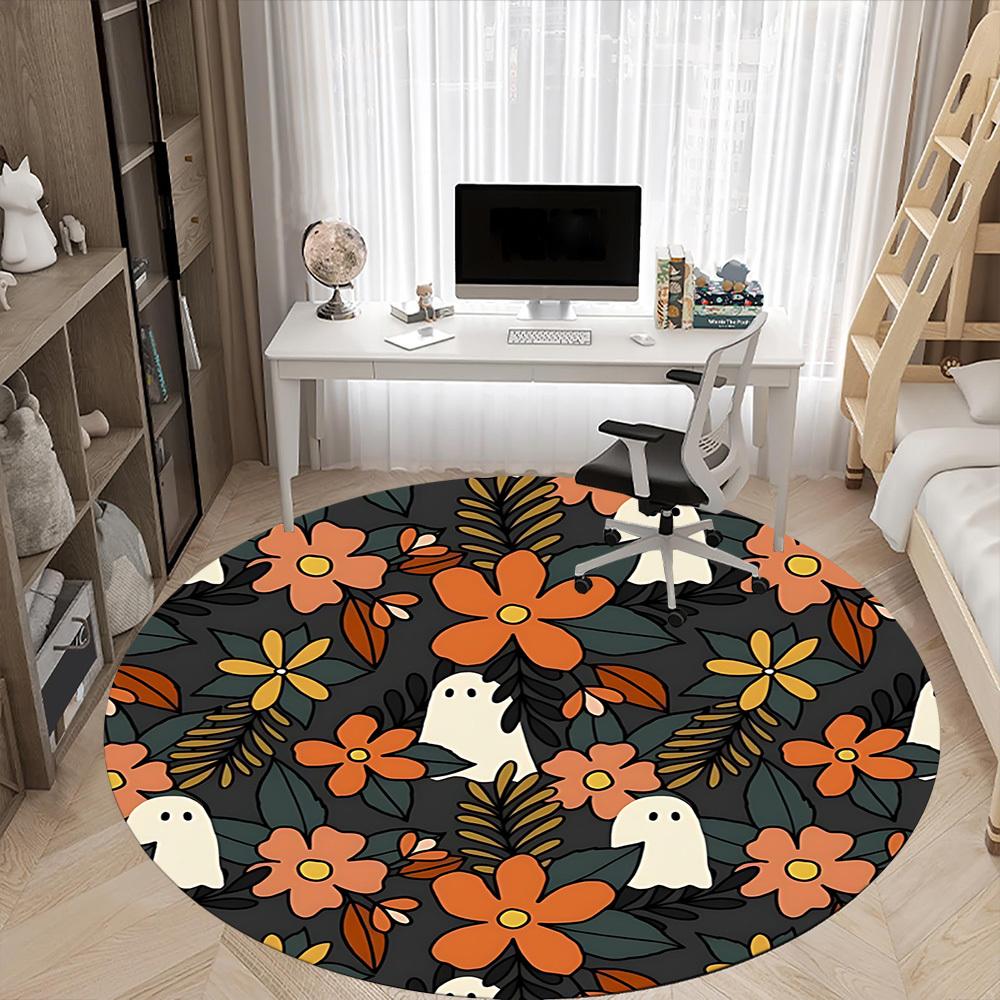 1pc Ghost Floral Office Round Area Rug, Mat Suitable For Office, Under Office Chairs Bedroom Living Room Home Decor, Room Deco