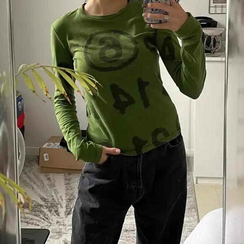 Estetyczne ubrania Vintage Y2k Graficzny nadruk portretowy Raglanowy rękaw z długim rękawem T-shirt Jesienne ubrania damskie