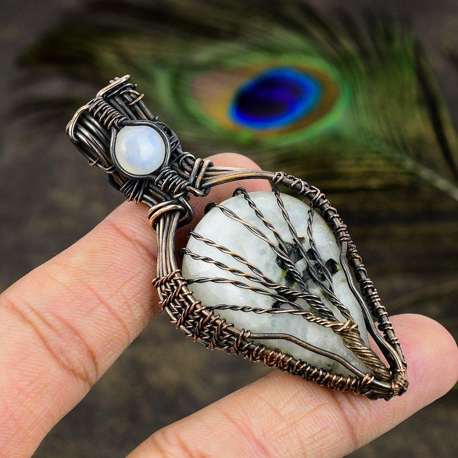 Rainbow Moonstone Gemstone Copper Wire Wrap Jewelry Pendant 2.64"
