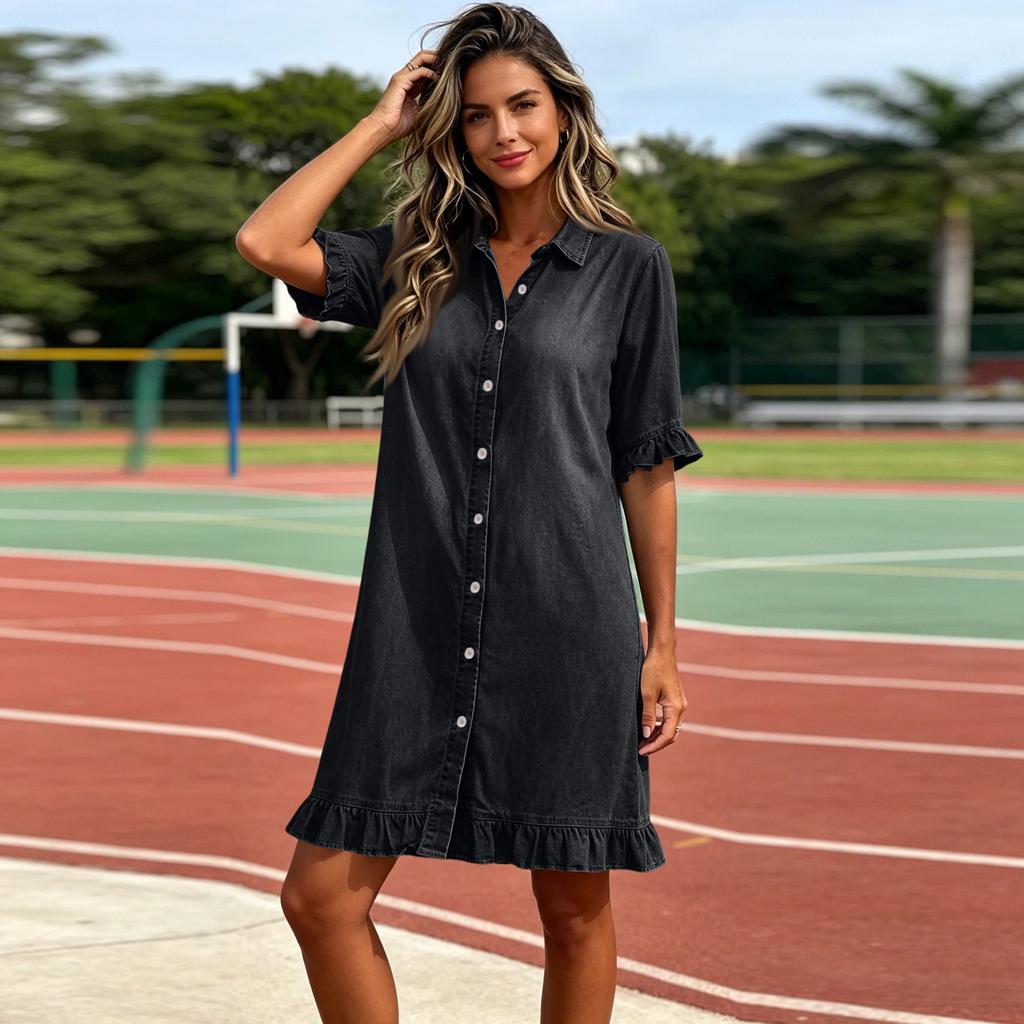 Casual Women Shirt Dress Button Down Ruffle Hem Short Sleeve Lightweight Loose Fit Summer Dress