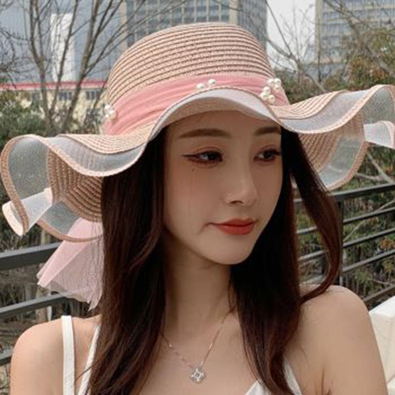 Pearl Decorated Straw Hat Women's Summer Outdoor Beach Visor French Casual Sunscreen Big Eaves Hat