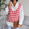 V-neck Checkered Knitted Vest Women Sweater Casual Loose Commute Simple Base Shirt Autumn and Winter