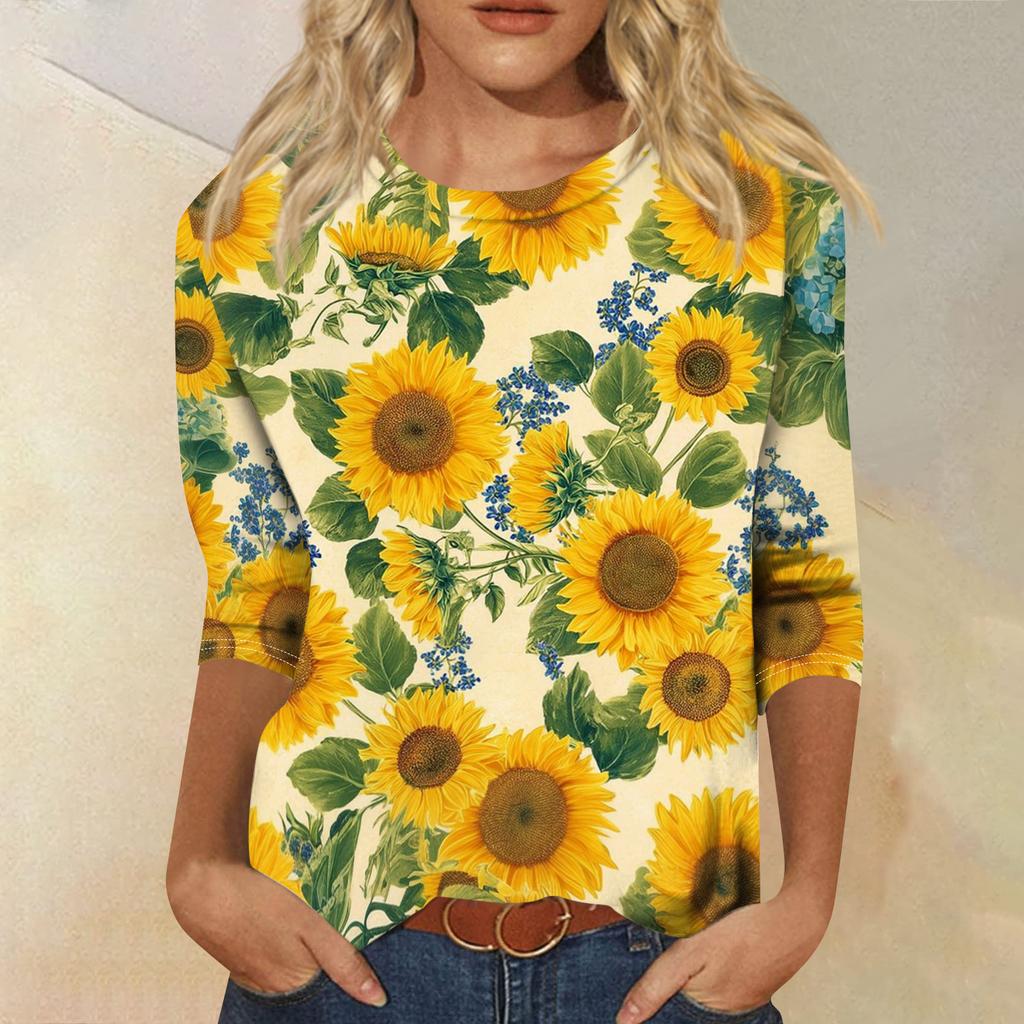 Women's Fashionable Casual Round Neck Three-Quarter Sleeve Printed T-Shirt Top