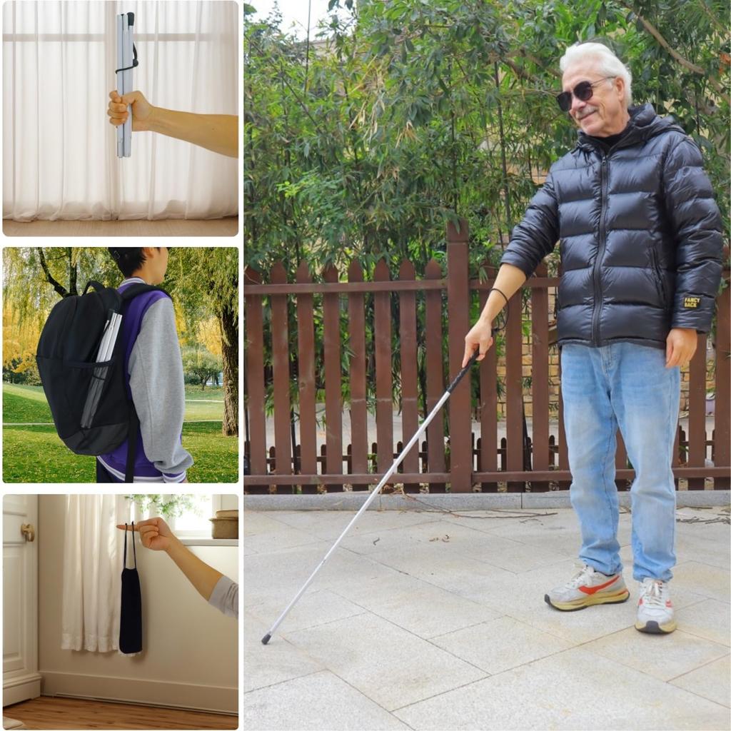 Aluminum Four-Section Folding White Cane with Two Tips for the Visually Impaired and Blind (Black Grip, 130 cm)