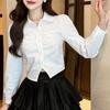 Women's Autumn Solid Colour Cardigan Lapel Long Sleeve Pleated Button Shirt