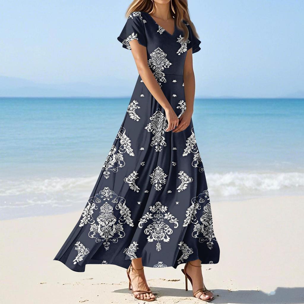 Kadın Yaz Günlük Moda Baskılı Renkli Elbiseler V Yaka Kısa Kollu Elbiseler