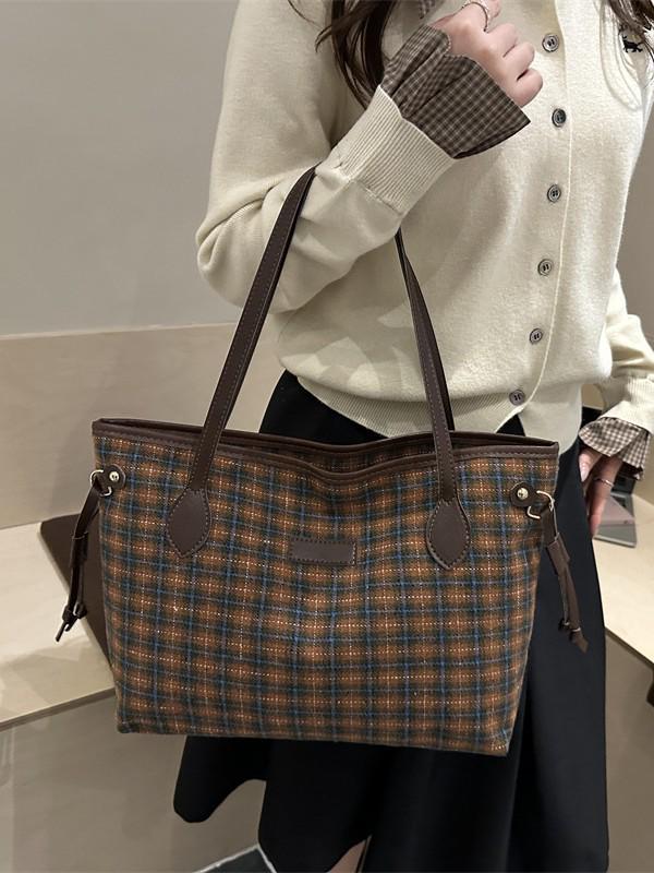 Korean Style Plaid Tote Bag - Classic Versatile Large Capacity Shoulder Bag