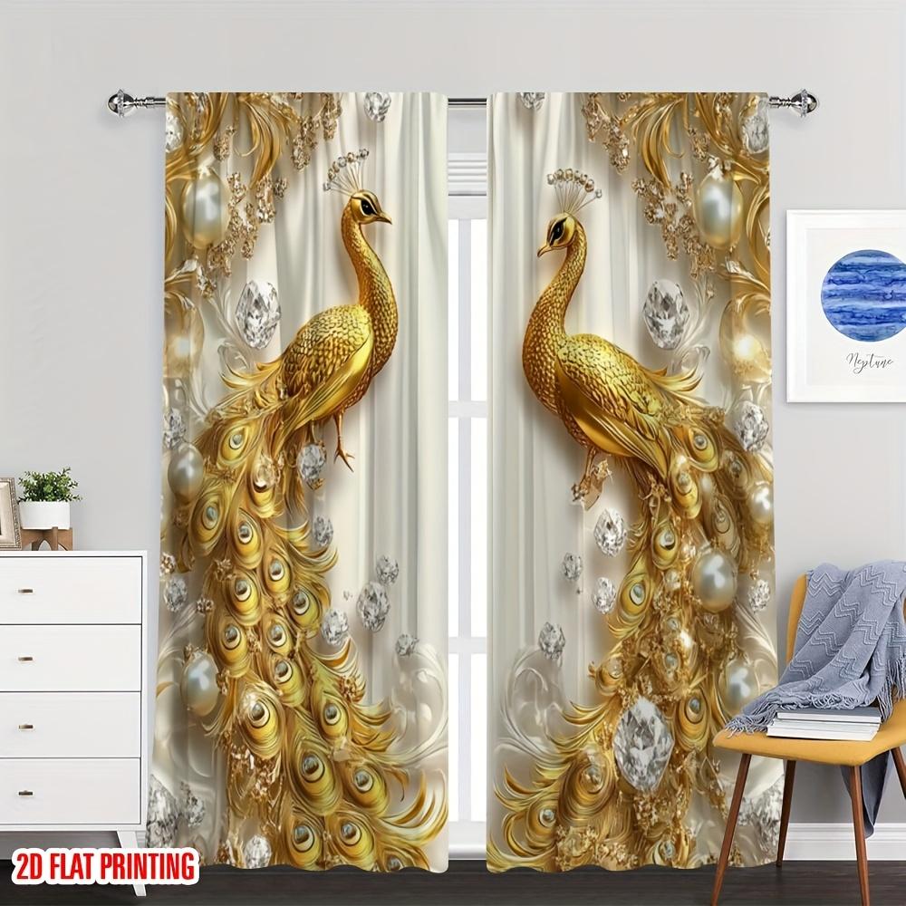 2Pcs Polyester Golden Peacock Printing Window Curtains Birthday Party Decoration Backdrop Drapes for Living Room