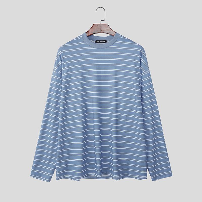 INCERUN Oversized Men Long Sleeve Striped Loose Casual Tops T-shirts