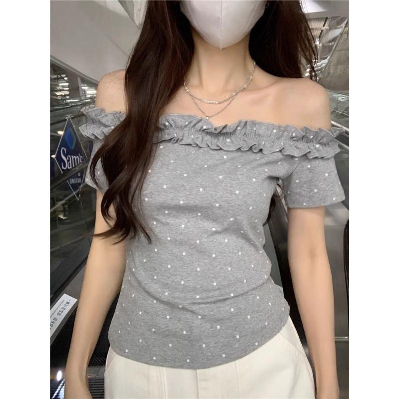 Design Hot Girl Fashionable Waistline Polka Dot Short-sleeved T-shirt Summer New One-word Chic Slim Top