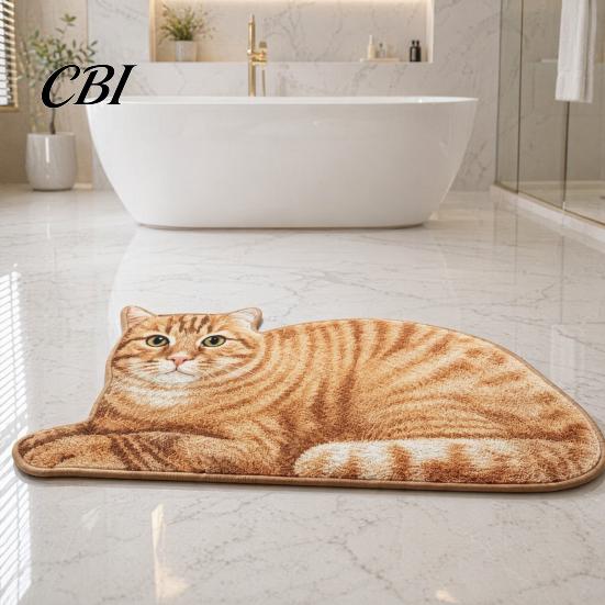 Cute Cat Floor Mat Bathroom Rug, Anti-Slip Absorbent Bath Washable Plush Home Safety Rug Kitty Door for Entrance Kitchen Decor Doorway Protector