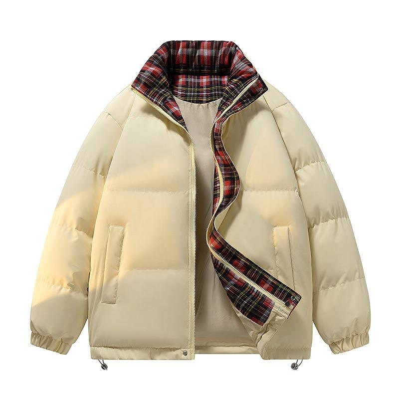 Stand-up Collar Plaid Placket Cotton-padded Coat for Men and Women, Winter Couple's Bread Clothes, Cotton-padded Jacket for Men