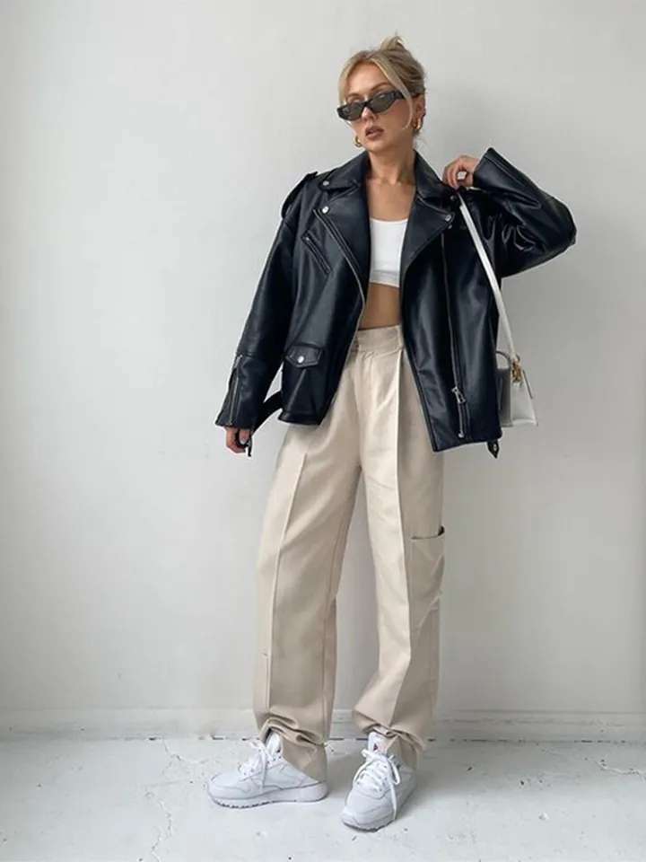 2023 New Women's Motorcycle Leather PU Imitation Leather Loose Jacket Black Jacket