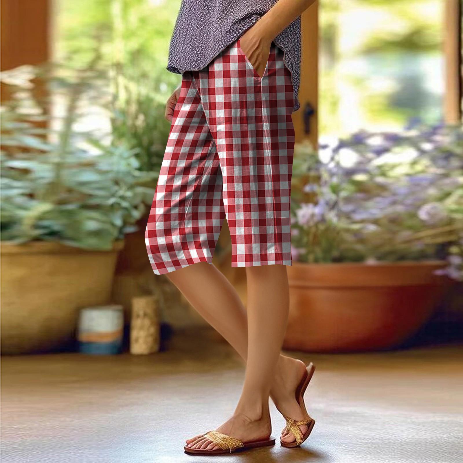 Women s Fashionable Retro Checkered Printed Pocket Elastic Waist Loose Casual Pants XXL
