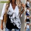 Blusas & Camisas Casuais Femininas da Moda com Manga Longa e Decote em V