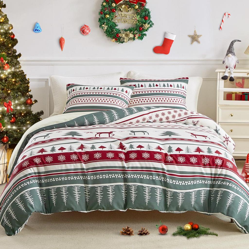 Christmas Snowflake Plaid Printing Quilt Cover Home Textile Bedding Three-Piece Set
