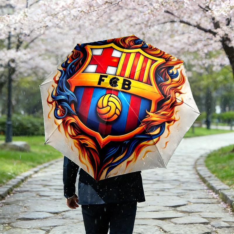 1pc Sturdy 8-Bone Auto Umbrella, Barcelona FC Umbrella, Digital Printed, Foldable Umbrella for On-the-Go Outdoor Use