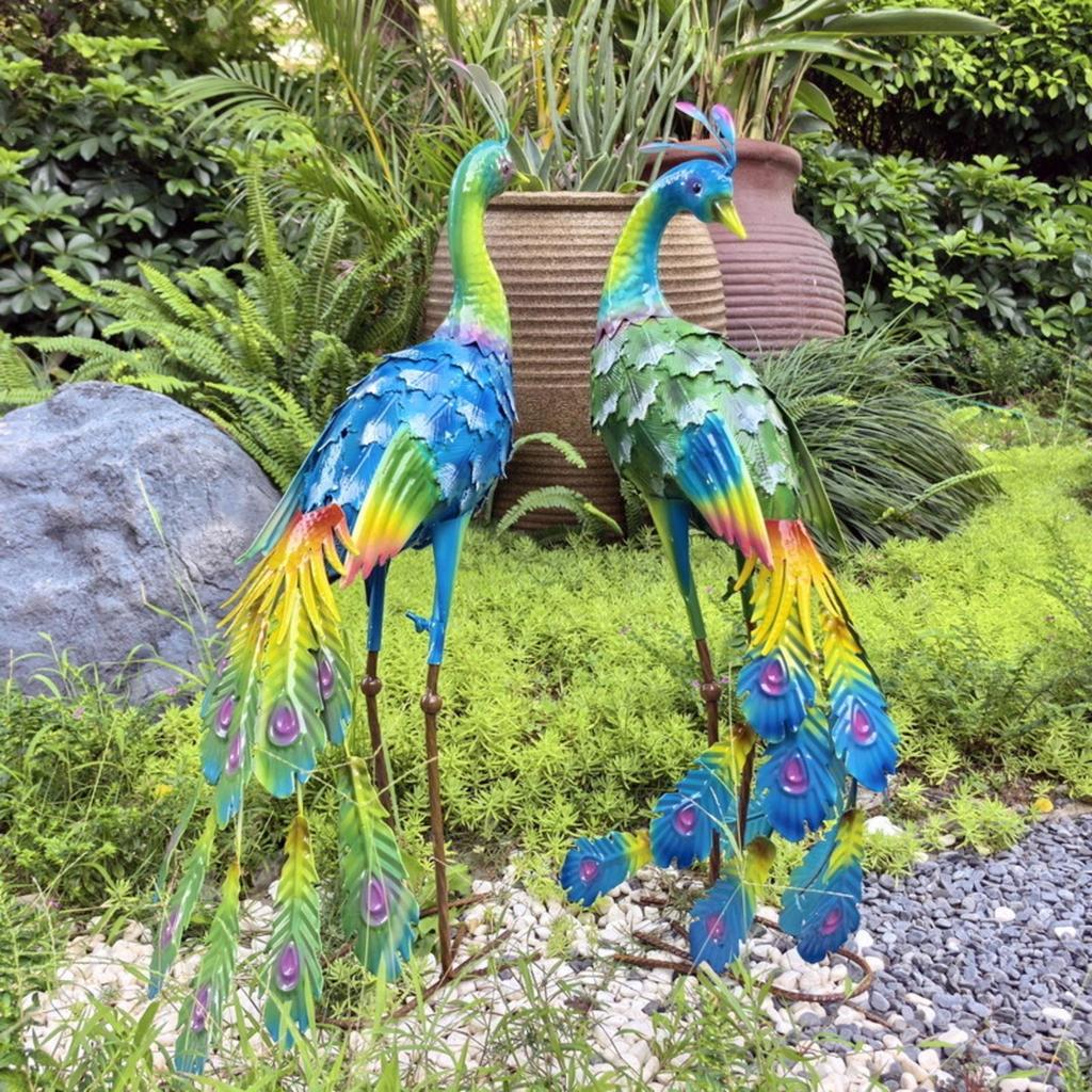 Peacock Garden Statue Colorful Metal Realistic for Courtyard
