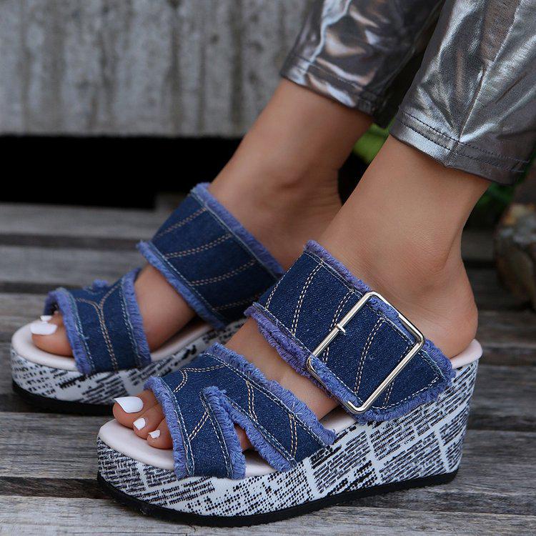 European & American Women's Wedge Heel One-Strap Buckle High-Heeled Sandals - Thick-Soled Fabric Beach Slippers.
