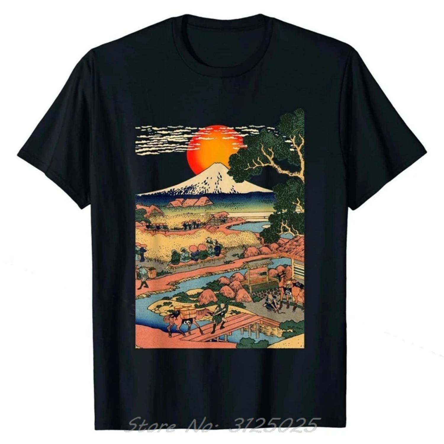 

Edo Japan Scenery, Sunset At Mount Fuji Ukiyo Cotton T-shirt Special Oversized Tshirt Graphic Tees Fitness Tops Men Clothing S