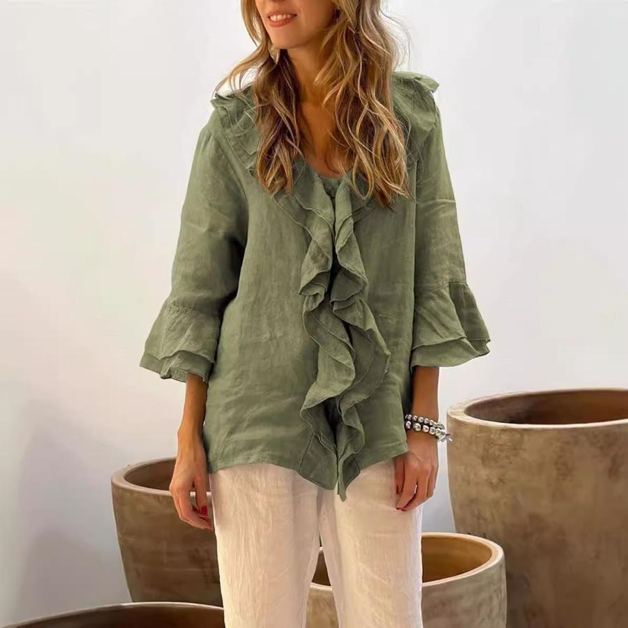 Autumn Solid Color V-Neck Flared Sleeve Leaf Edge One-Row Multi-Buckle Arc Shoulder Top