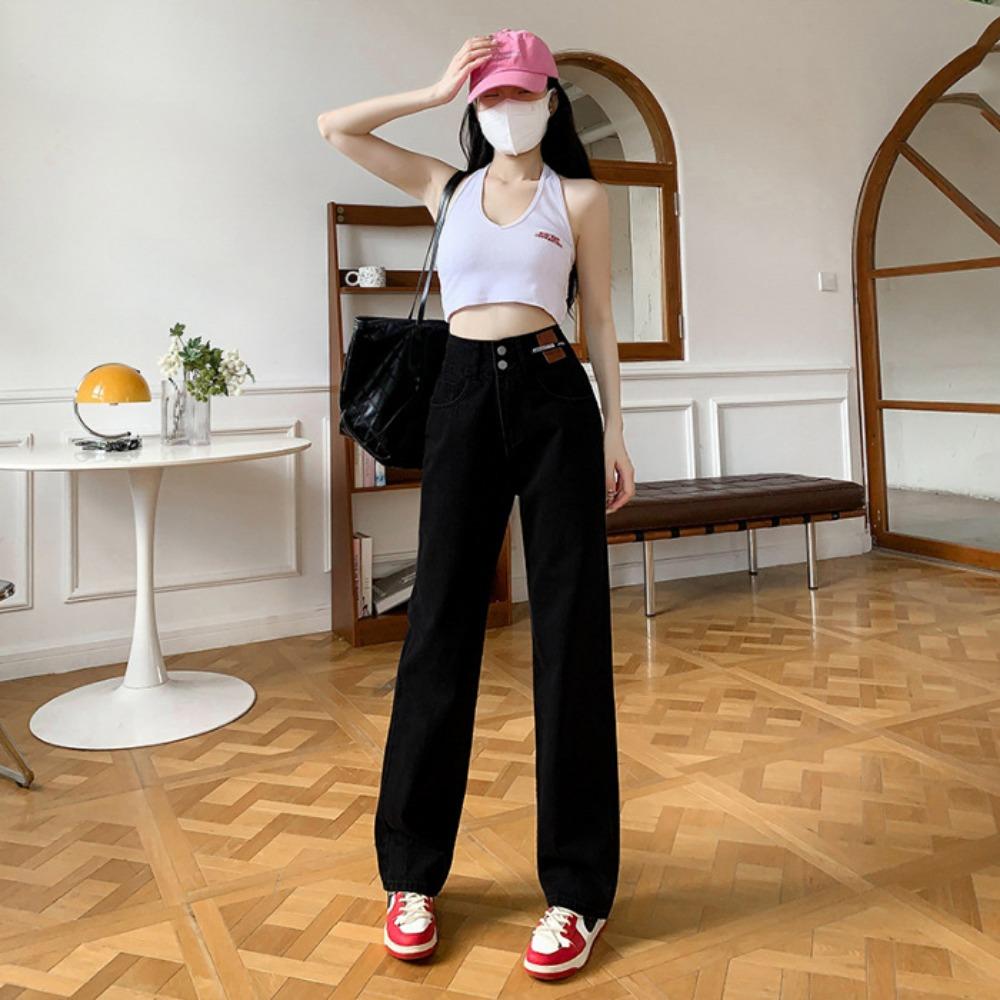 Double-button Straight Wide-leg Jeans Women's Leather Brand 2025 Autumn and Winter New Versatile and Thin Floor-mopping Jeans
