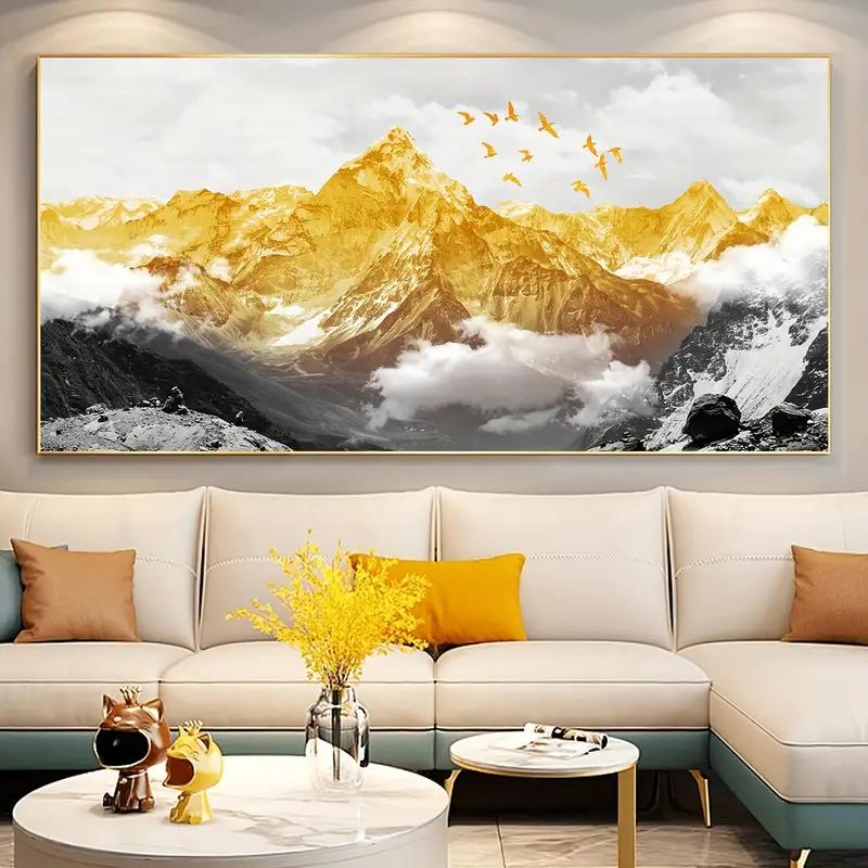 Unframed Canvas Poster, Modern Art, Golden Mountains And Birds In The Mountains Wall Art, Ideal Gift For Bedroom Living Room 20x40cm No Framed
